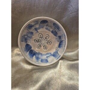 Studio Art Pottery Glazed Bowl With Floral Stamp Gray Speckled With Blue Signed
